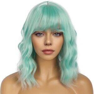 Women Mint Green Loose Wavy Wig Curly Wavy Shoulder Length Bob